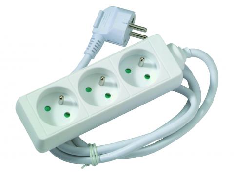 Multiprise 3 prises avec broche de terre, câble 1,5 m, blanc