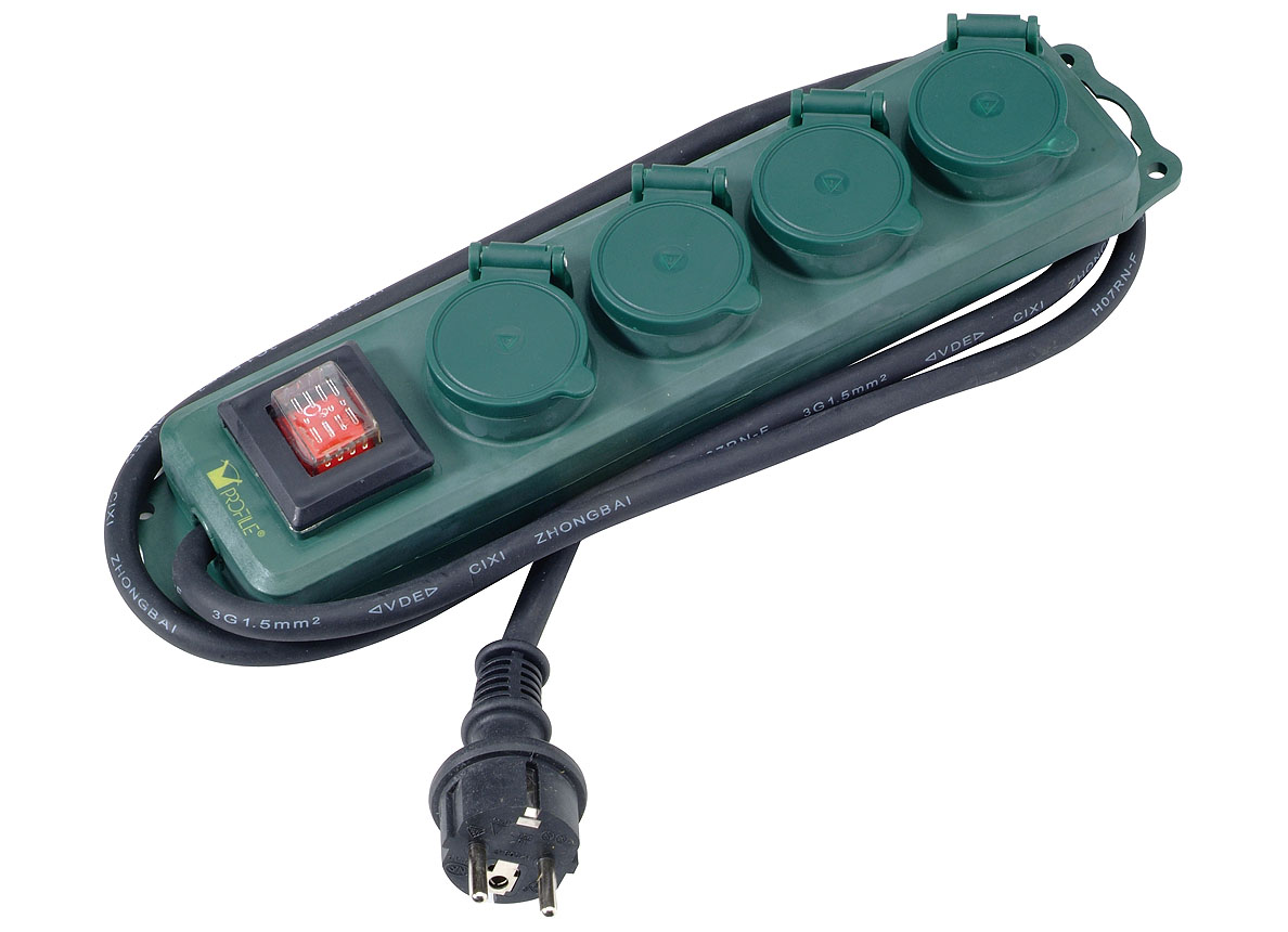BLOC MULTIPRISE 4X SEMI-ETANCHE + INTERRUPTEUR +CORDE 1.5M VERT