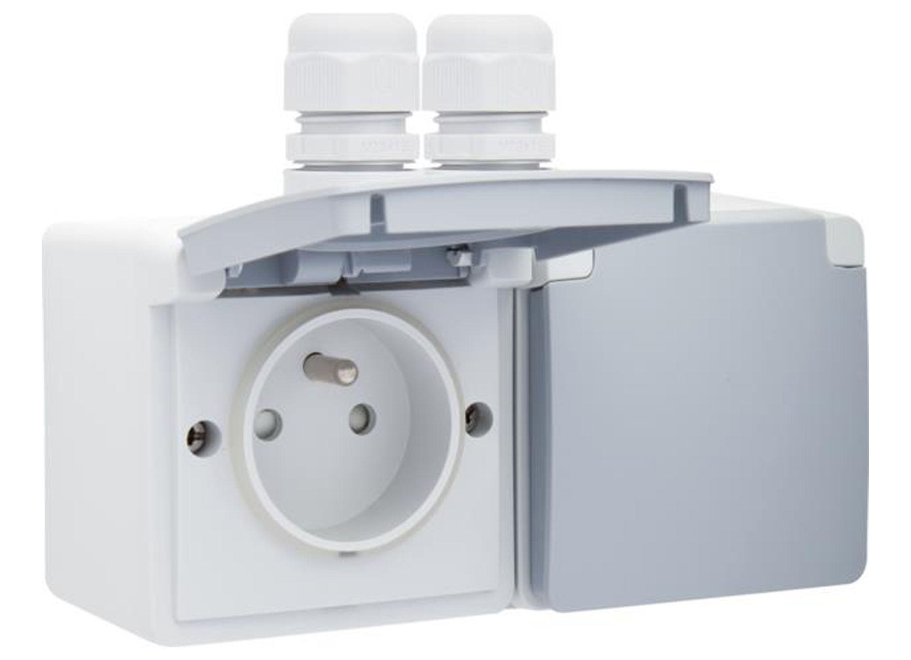 NIKO HYDRO PRISE HORIZONTALE DOUBLE 2 ENTREES AVEC BROCHE DE TERRE