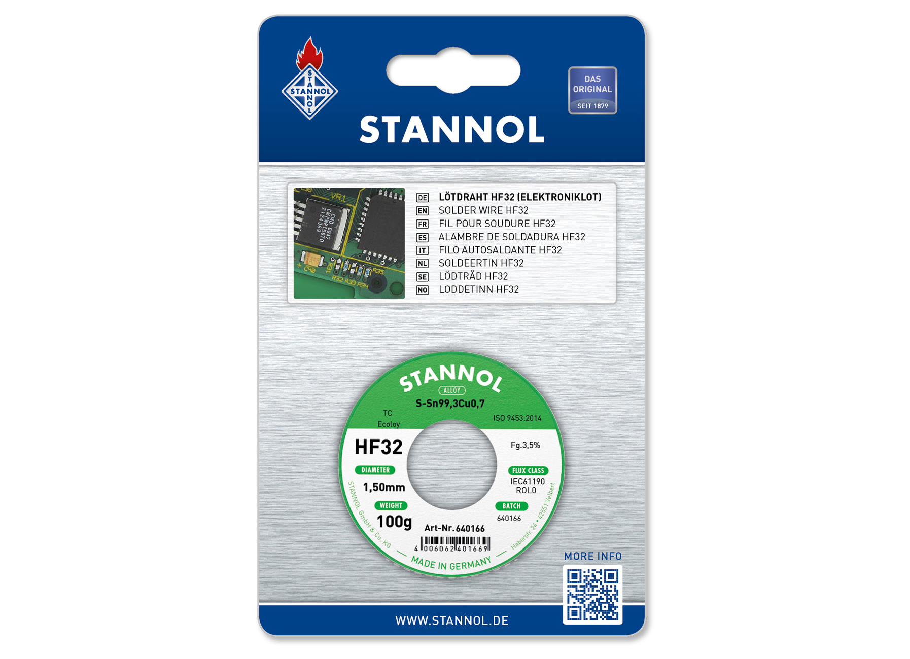 STANNOL FIL DE SOUDURE HF32 1,5MM 100G SN99,3/CU0,7