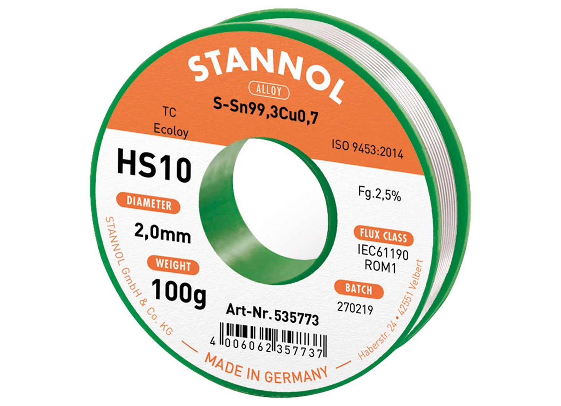 STANNOL FIL DE SOUDURE HS10 2,0MM 100G SN99,3/CU0,7