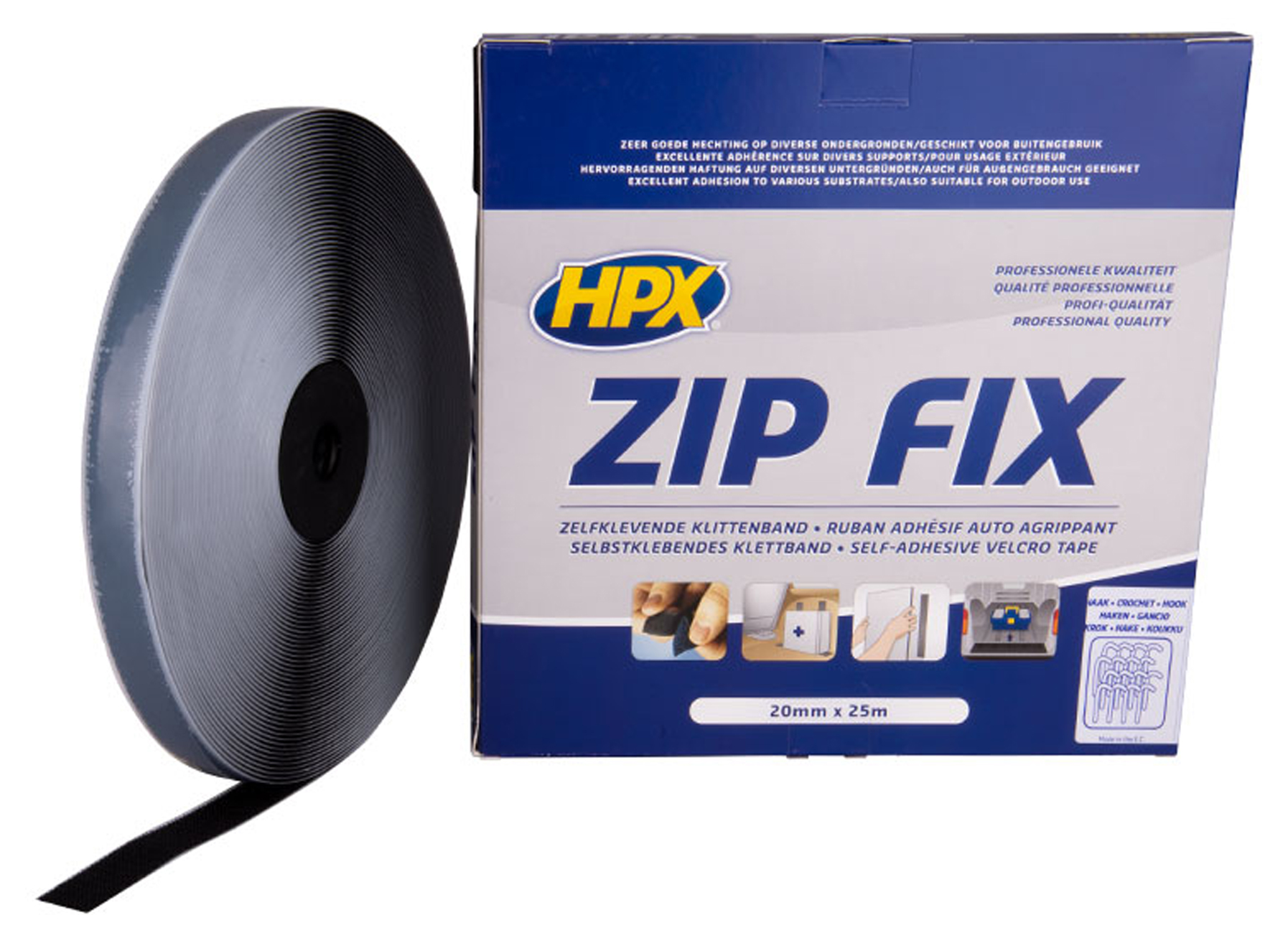 HPX ZIP FIX RUBAN ADHESIF VELCRO CROCHET - NOIR 20MM X 25M