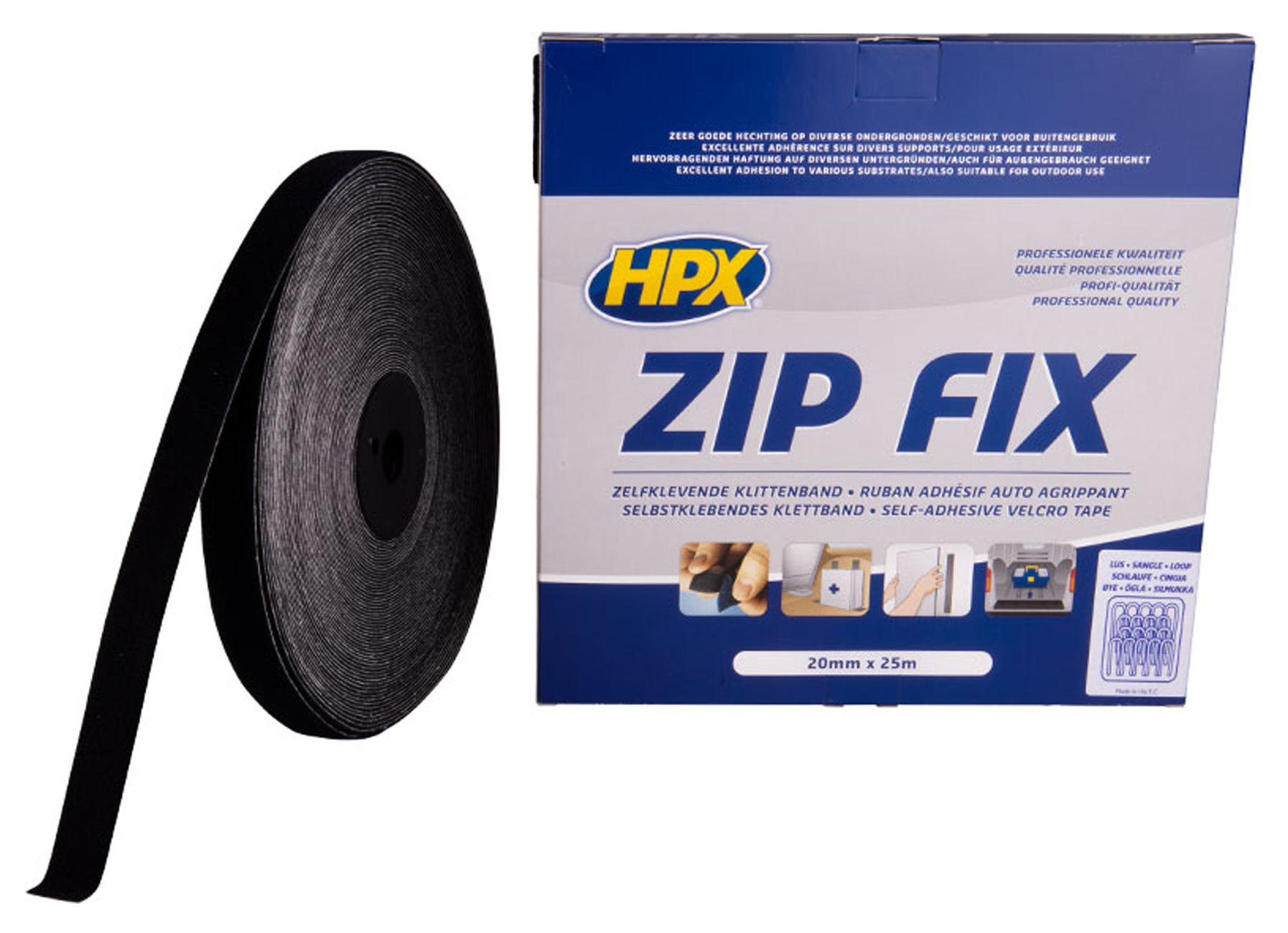 HPX ZIP FIX RUBAN ADHESIF VELCRO BOUCLE - NOIR 20MM X 25M