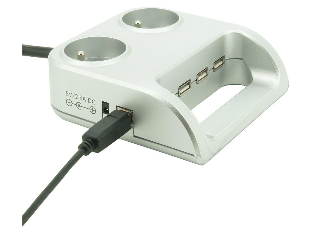 STEKKERDOOS 2V + 4 USB +1.2M KABEL ZILVER