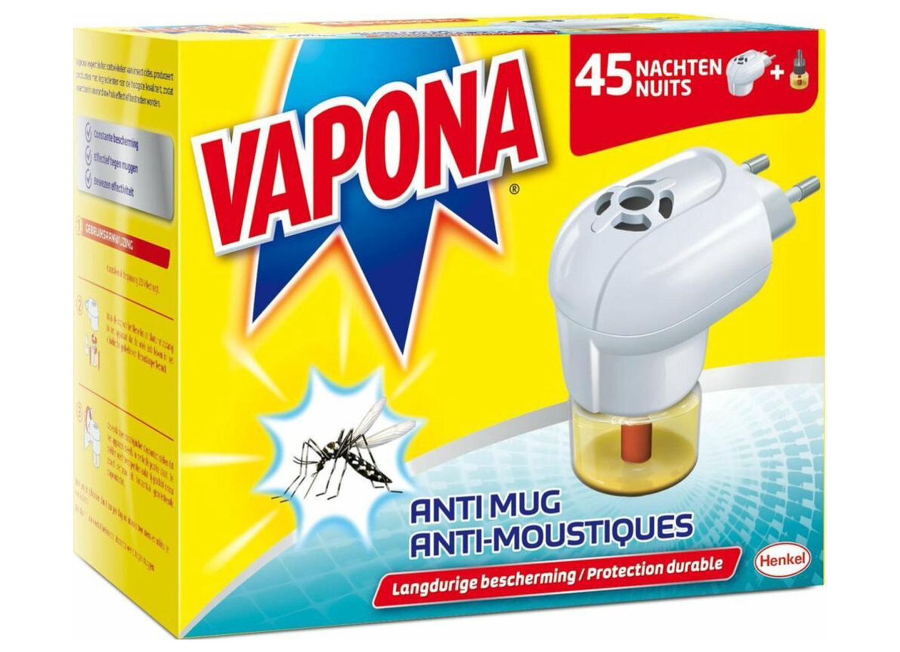 VAPONA APPAREIL ANTI-MOUSTIQUES AVEC LIQUIDE 3-EN-1 45 NUITS