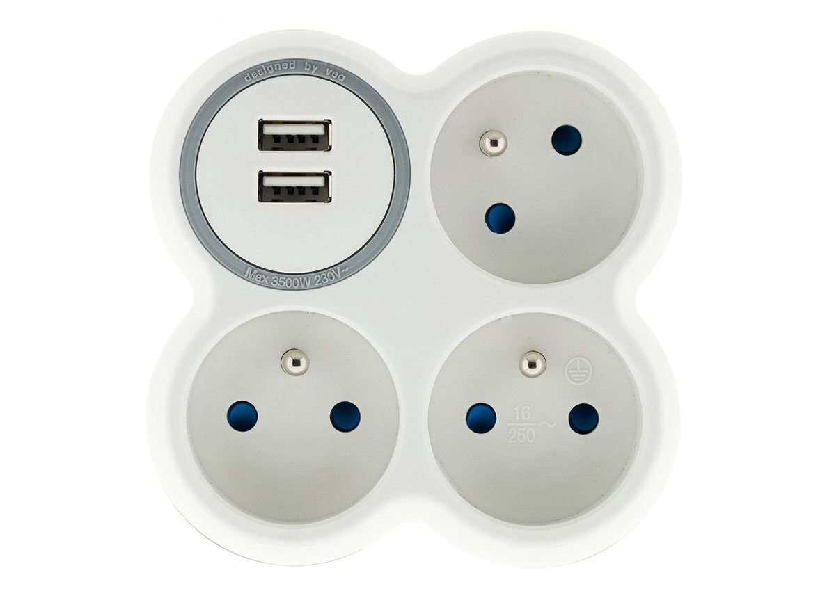 MULTIPRISE 3X16A + 2 PORTS USB BLANC/GRIS
