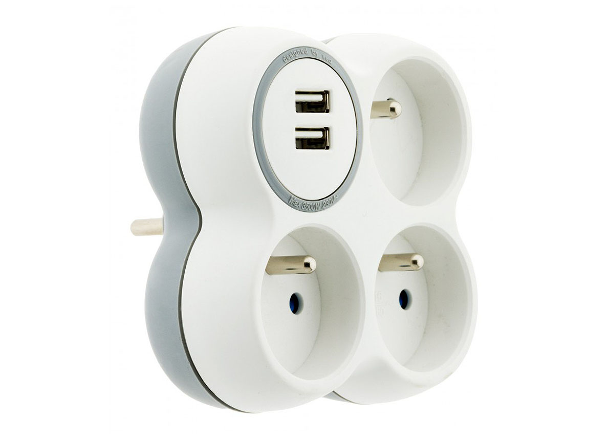 MULTIPRISE 3X16A + 2 PORTS USB BLANC/GRIS