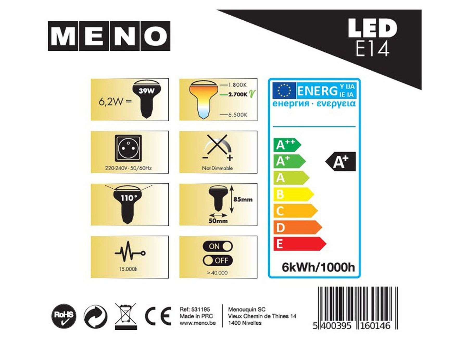 AMPOULE LED REFLECTEUR E14 6W 2700K 