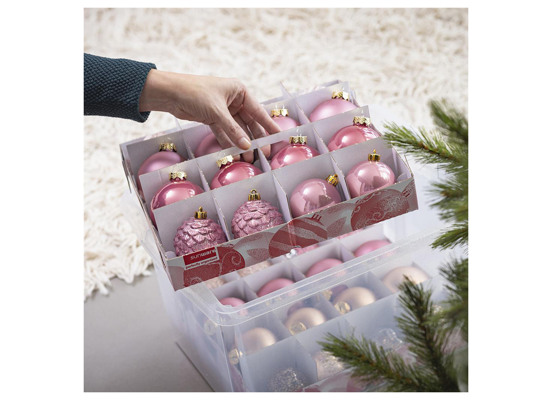 NESTA KERST OPBERGBOX 45L MET TRAYS VOOR 48 KERSTBALLEN TRANSPARANT ROOD