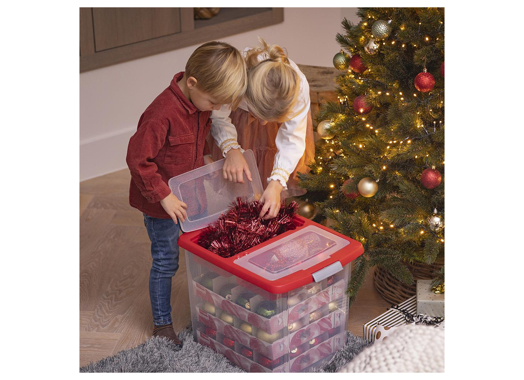 NESTA KERST OPBERGBOX 45L MET TRAYS VOOR 48 KERSTBALLEN TRANSPARANT ROOD