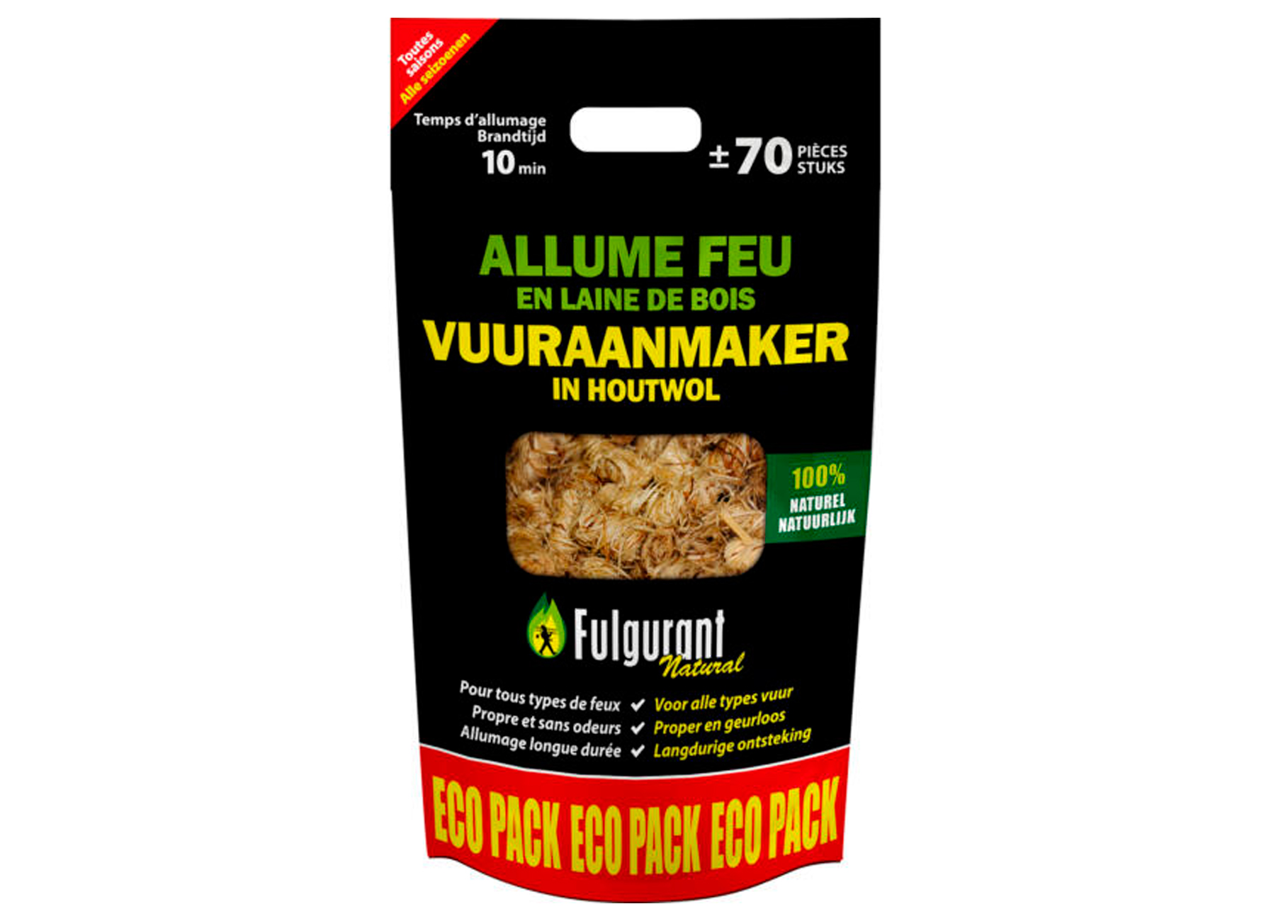 FULGURANT ALLUME-FEU EN LAINE DE BOIS 1KG 65 PIECES