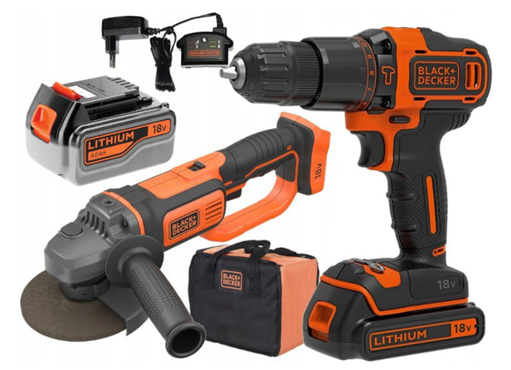 BLACK & DECKER ACCU KLOPBOORMACHINE + HAAKSE SLIJPER 18V + 2 ACCUS + SOFTBAG