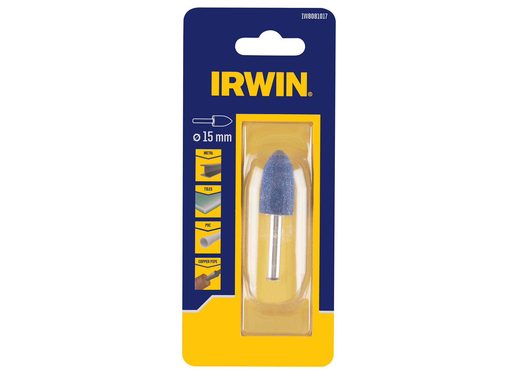 IRWIN MEULE 15MM (CONE, CONIQUE)  POUR CÉRAMIQUE ET MÉTAL, Ø AXE 6MM