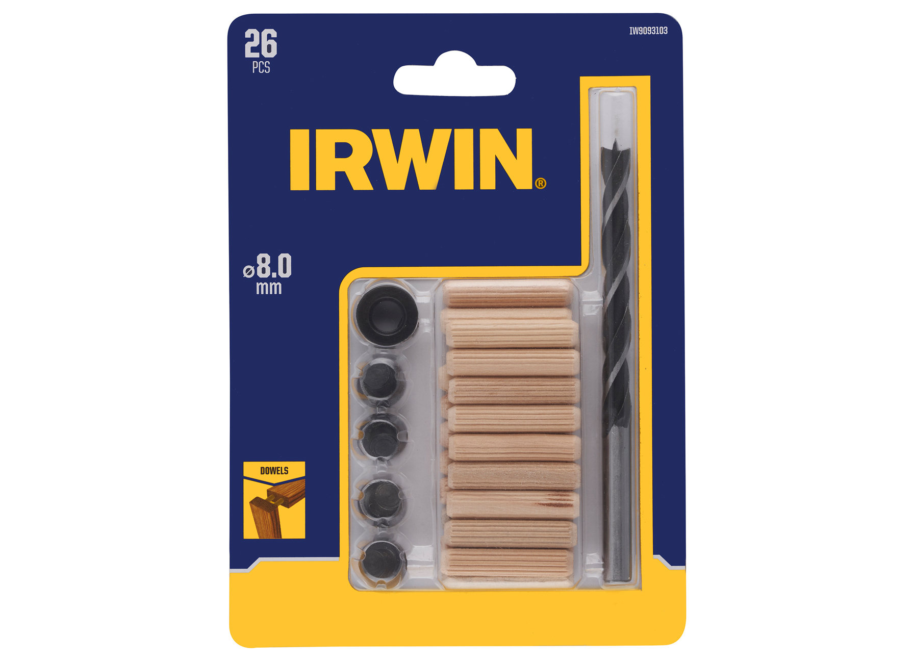 IRWIN DEUVELSET 27PCS: 20 DEUVELS Ø8MM - HOUTBOOR Ø8MM - 4 CENTREERPUNTEN - DIEPTESTOP