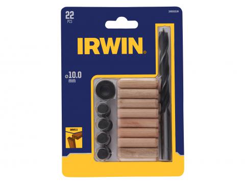IRWIN KIT TOURILLONS 22PCS: 16 TOURILLONS Ø10MM - FORET A BOIS Ø10MM - 4 POINTS DE CENTRAGE - BUTEE DE PROFONDEUR