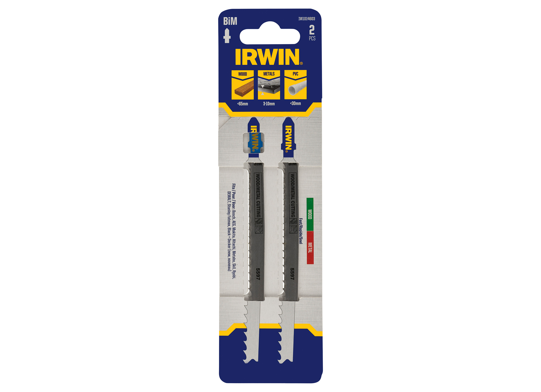 IRWIN PRO PERFORMANCE BIMETAL LAME DE SCIES SAUTEUSES BOIS(JUSQU'A 65MM) METAL(3-10MM) ALUMINIUM(JUSQU'A 30MM) ET PVC(JUSQU'A 30MM) EMMANCHEMENT T