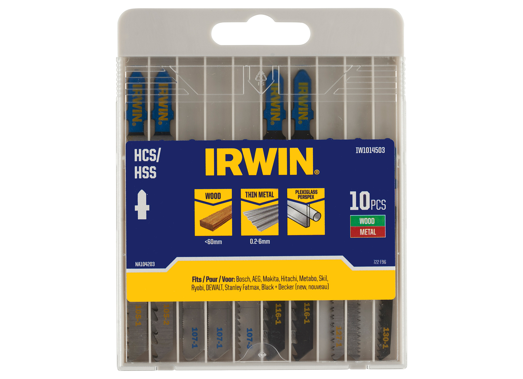 IRWIN SET DECOUPEERZAAGBLADEN 10PCS MIX 7 HOUT/3 METAAL, DIVERSE VERTANDING, T-AANSLUITING