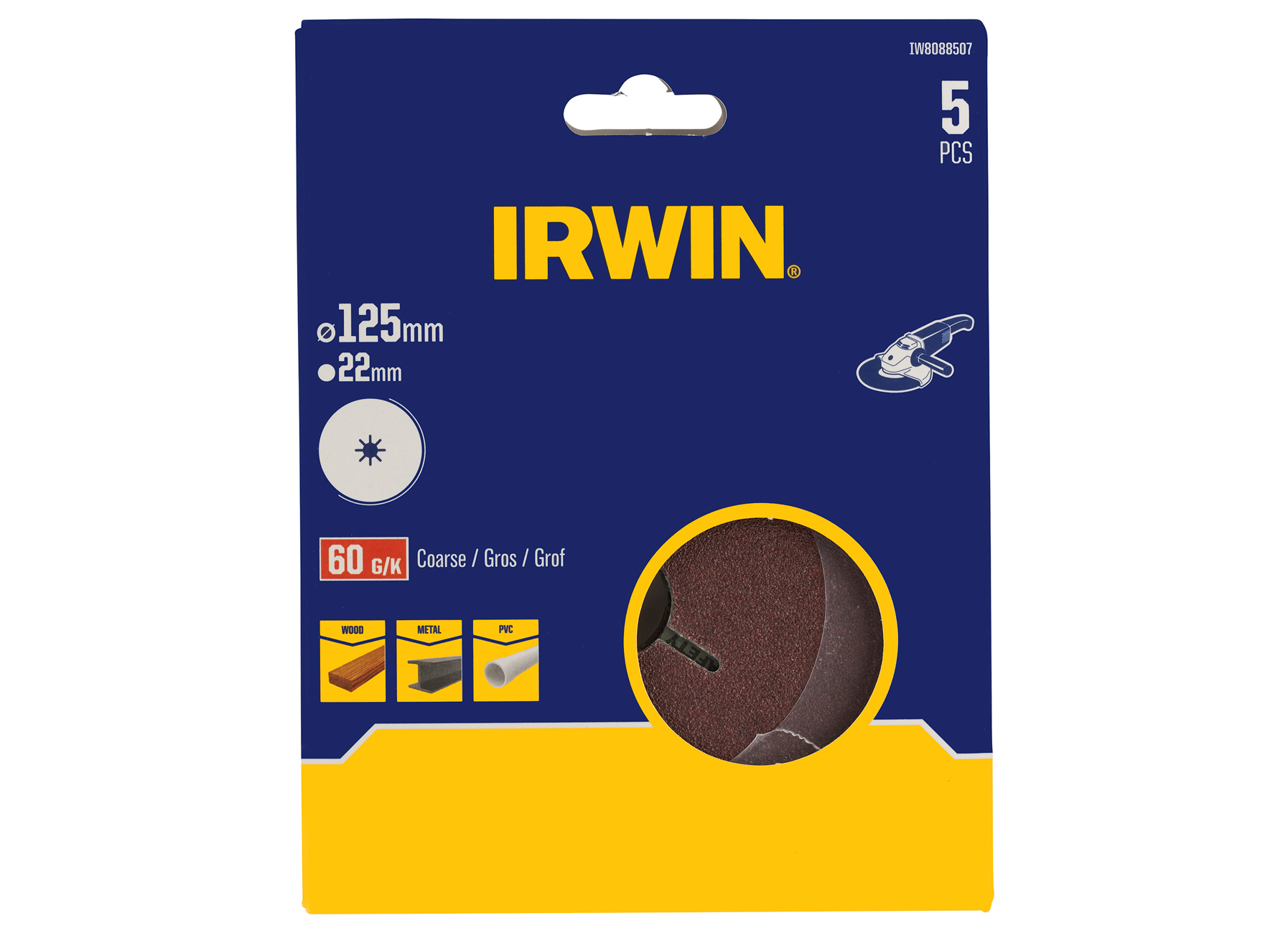 IRWIN  DISQUES ABRASIFS POUR TOUTES MARQUES MEULEUSES D'ANGLE Ø 125MM, K40 (combiner avec IW8086210)