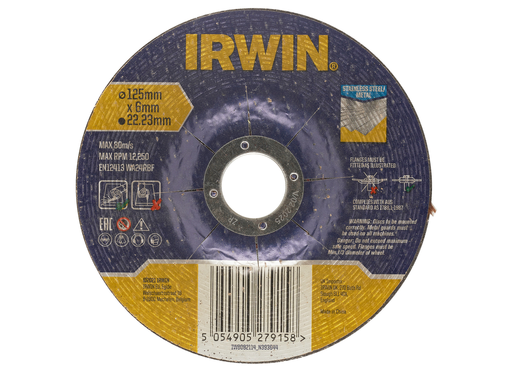 IRWIN DISQUE A EBARBER METAL (MEULEUSE D’ANGLE) AVEC CENTRE FRAISE - 125X6MM