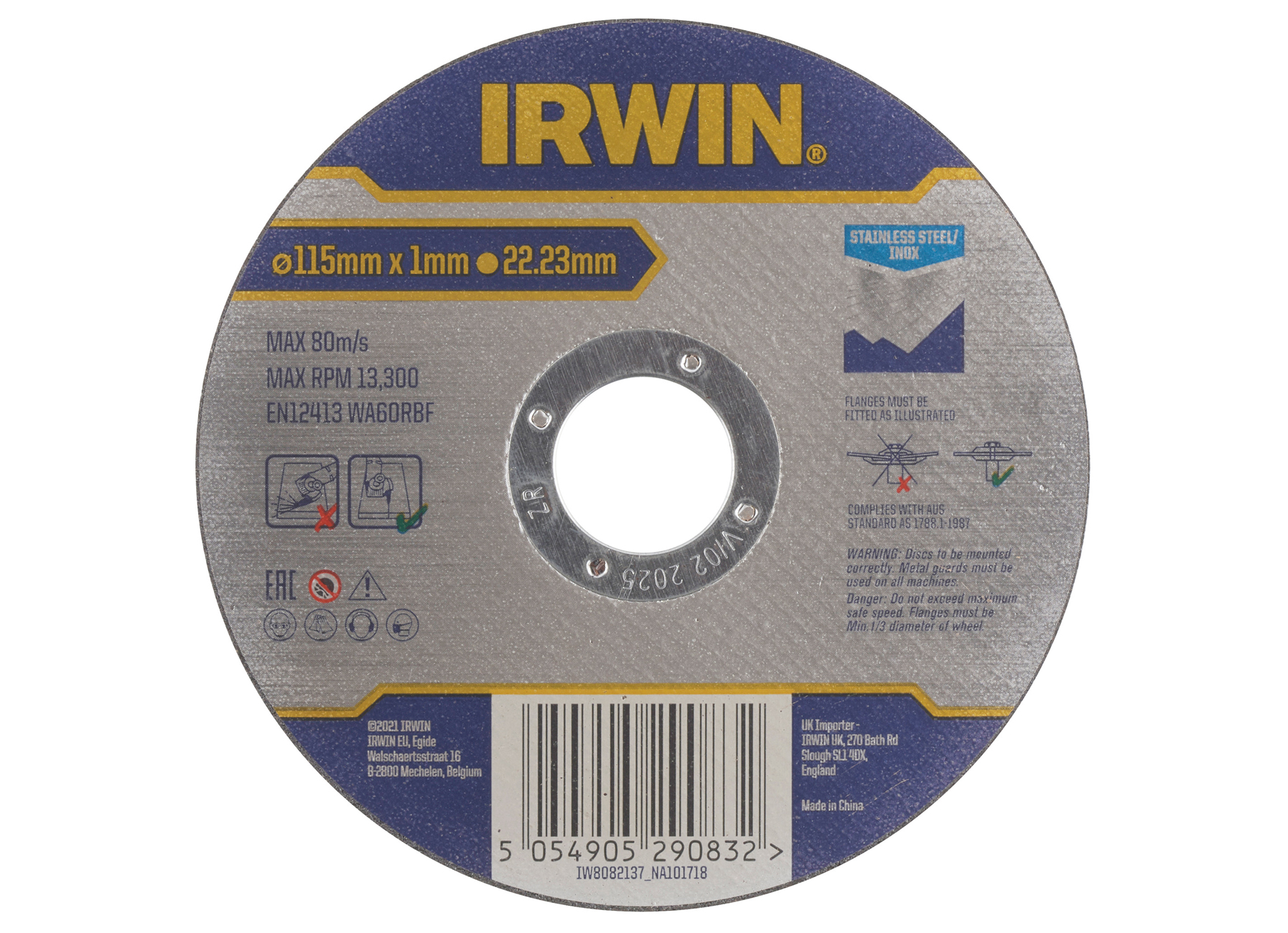 IRWIN PRO PERFORMANCE DISQUE A TRONCONNER POUR ACIER INOXYDABLE, PLATE - 115MM X 1.0MM