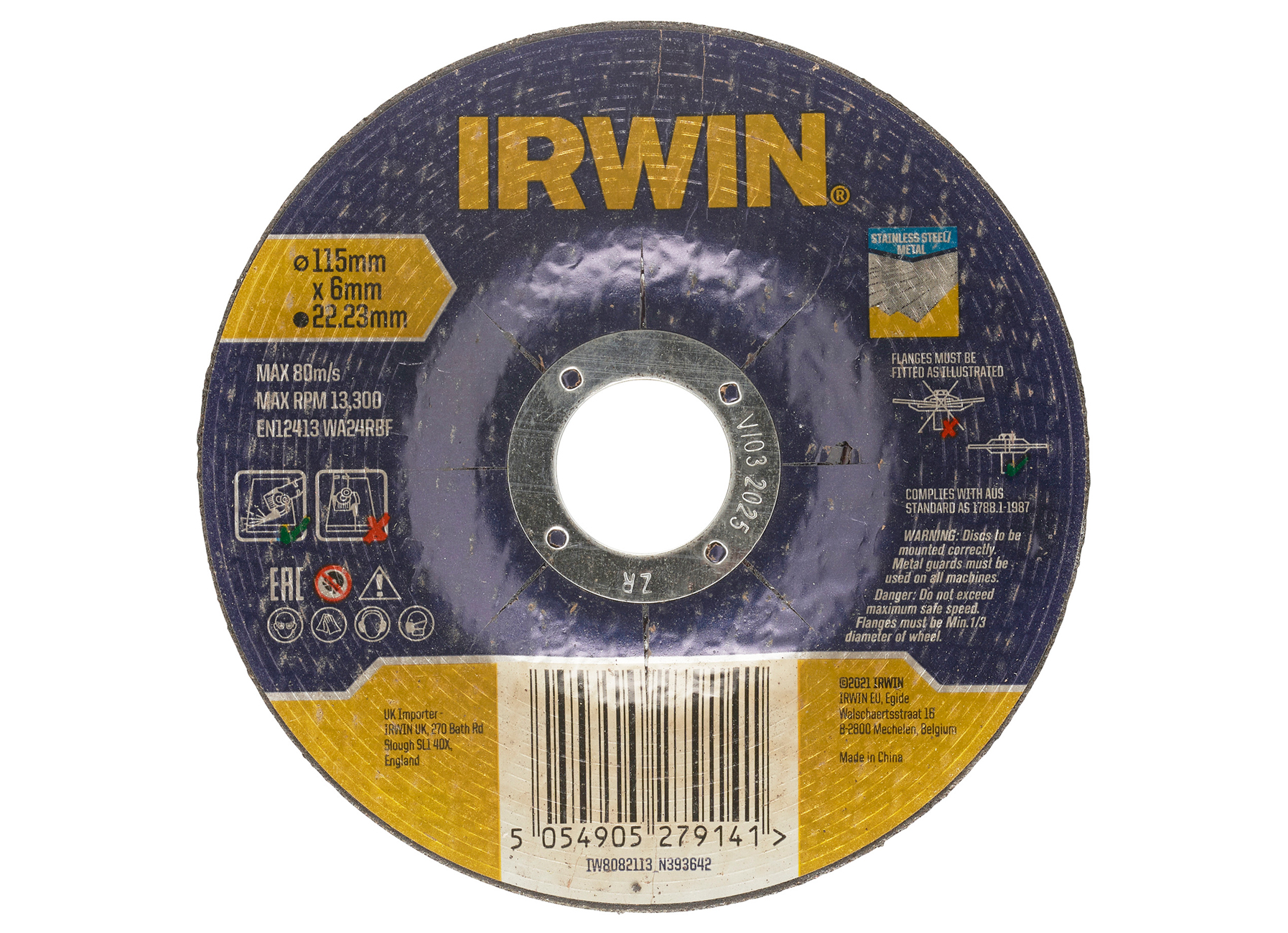 IRWIN DISQUE A EBARBER METAL (MEULEUSE D’ANGLE) AVEC CENTRE FRAISE - 115X6MM