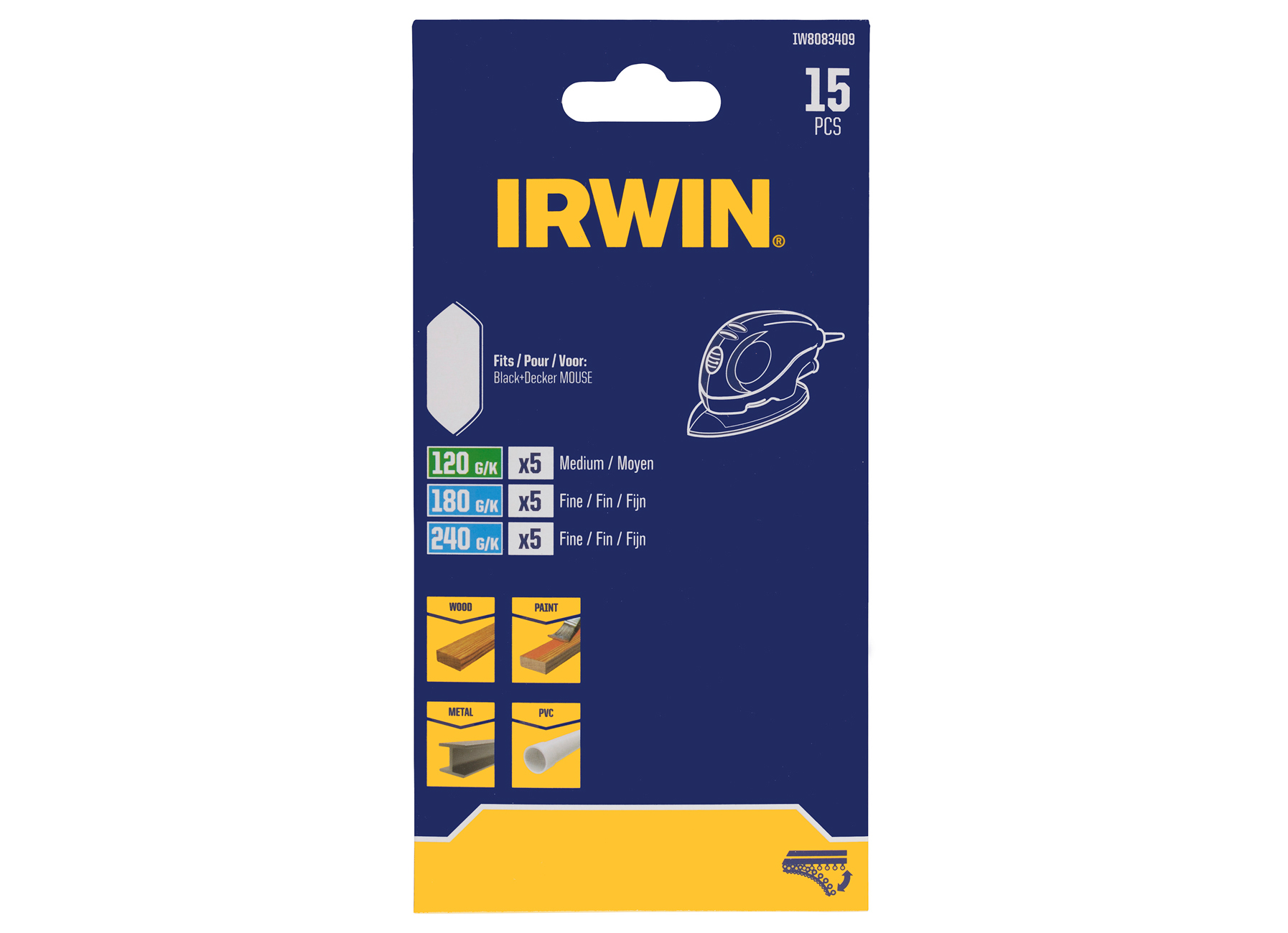 IRWIN SET SCHUURSTROKEN VOOR SCHUURVINGER MOUSE 5X K120, 5X K180 ET 5X K240