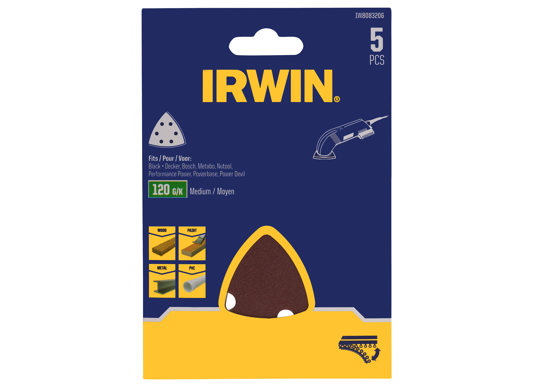 IRWIN SCHUURSTROKEN DELTA 92X92X92MM VELCRO, 5 STUKS