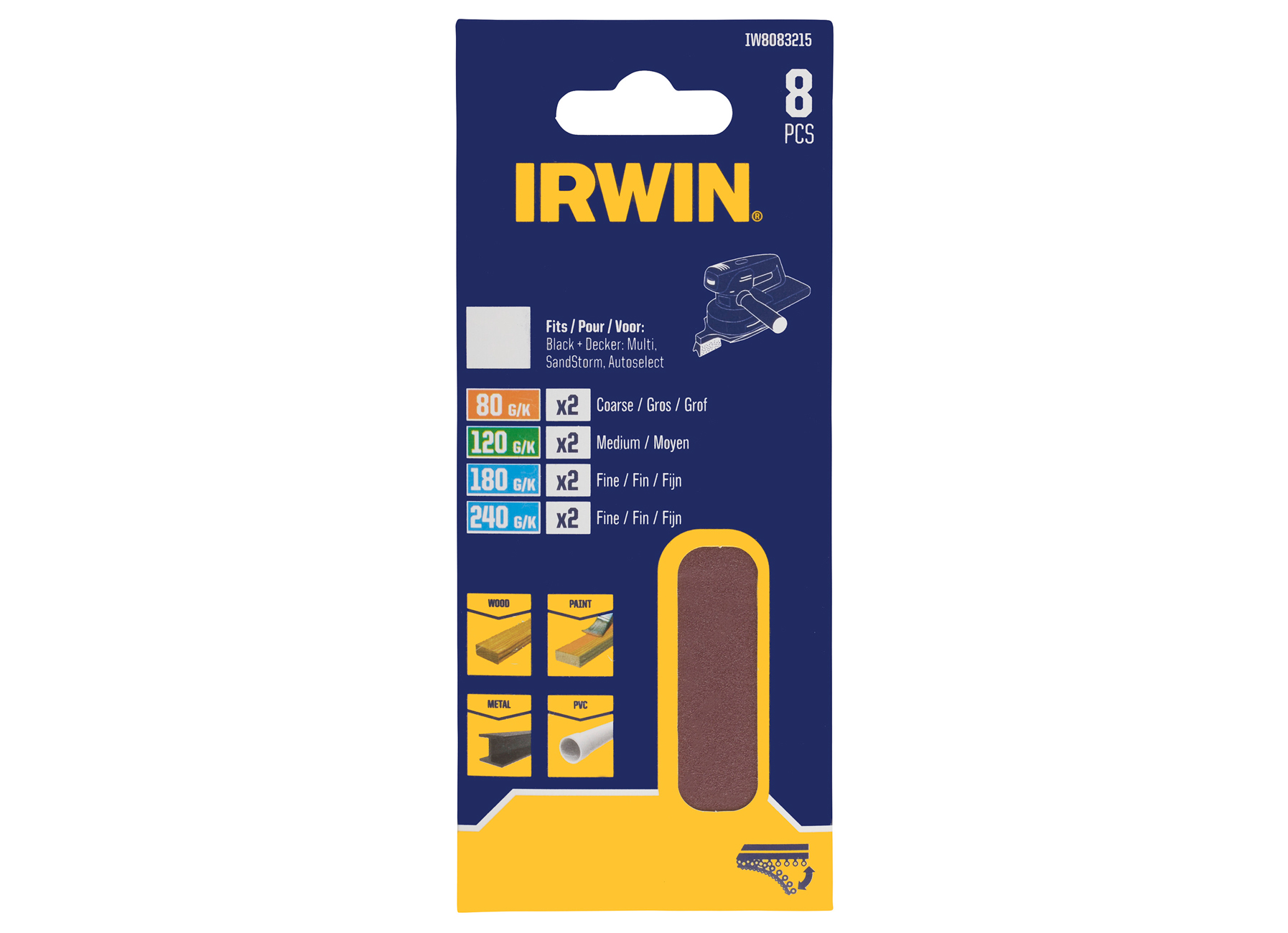 IRWIN SET PAPIERS ABRASIFS MULTI B+D - 2X K80, 2X K120, 2X K180, 2X K240 - 8PCS