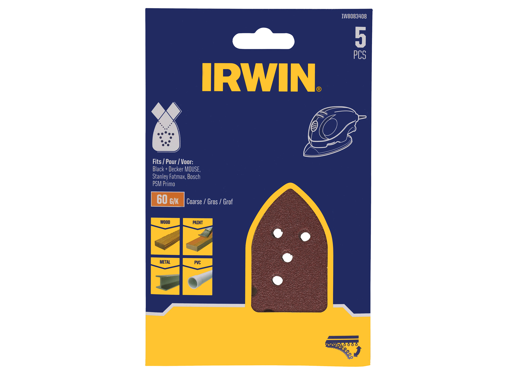 IRWIN PAPIERS ABRASIFS PALM SANDER 130X90MM STANDARD - K60