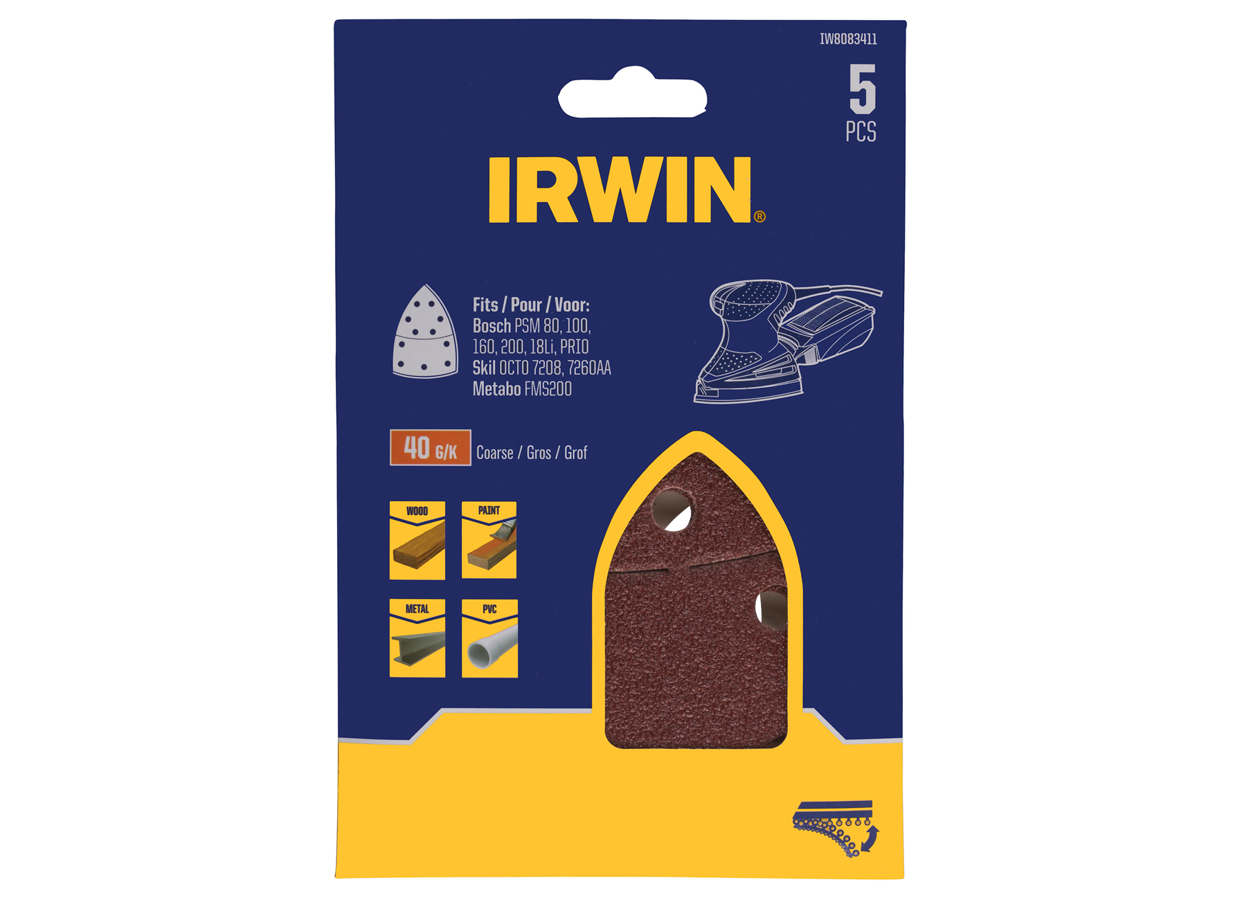 IRWIN PAPIERS ABRASIFS MULTI BOSCH - K40 - 5 PCS
