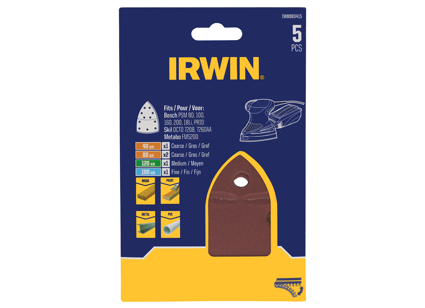 IRWIN SET SCHUURSTROKEN MULTI BOSCH - 1X K40, 1X K120, 1X K180 en 2X K80 - 5 STUKS