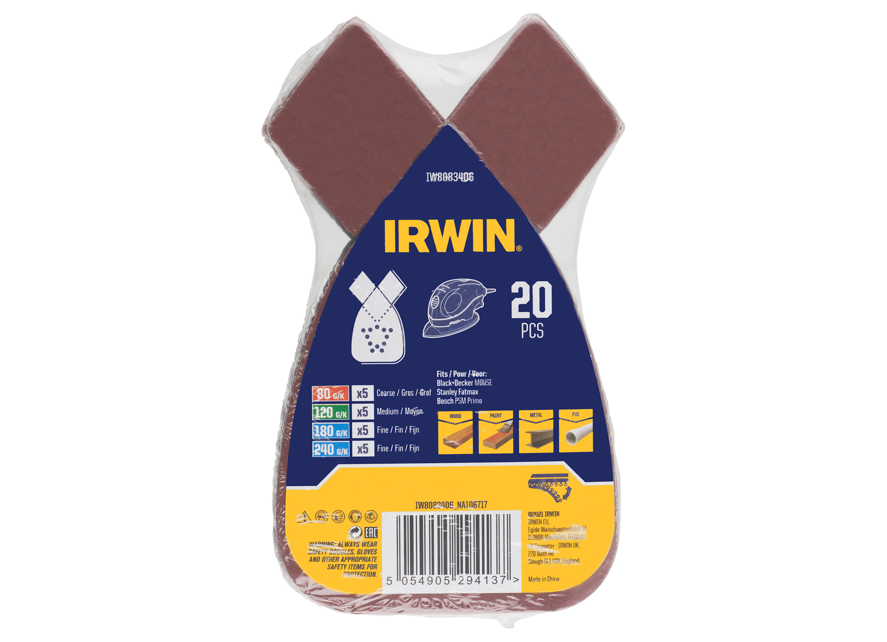 IRWIN SET PAPIERS ABRASIFS PALM SANDER B+D MOUSE ET BOSCH PRIMO AUTO-ADHESIFS, 5X K80, 5X K120, 5X K180 et 5X K240