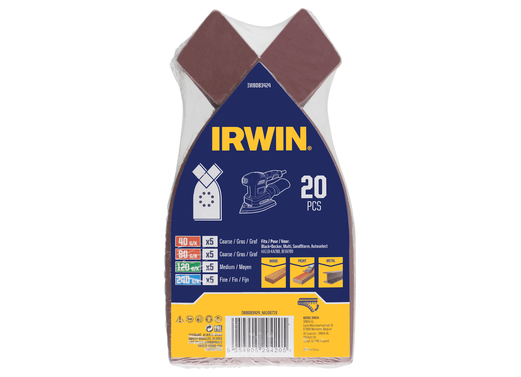 IRWIN SET SCHUURSTROKEN MULTI B+D - SCHUURSTROOK 170 X 110MM, 5X K40, 5X K80, 5X K120 en 5X K180 - 20 STUKS