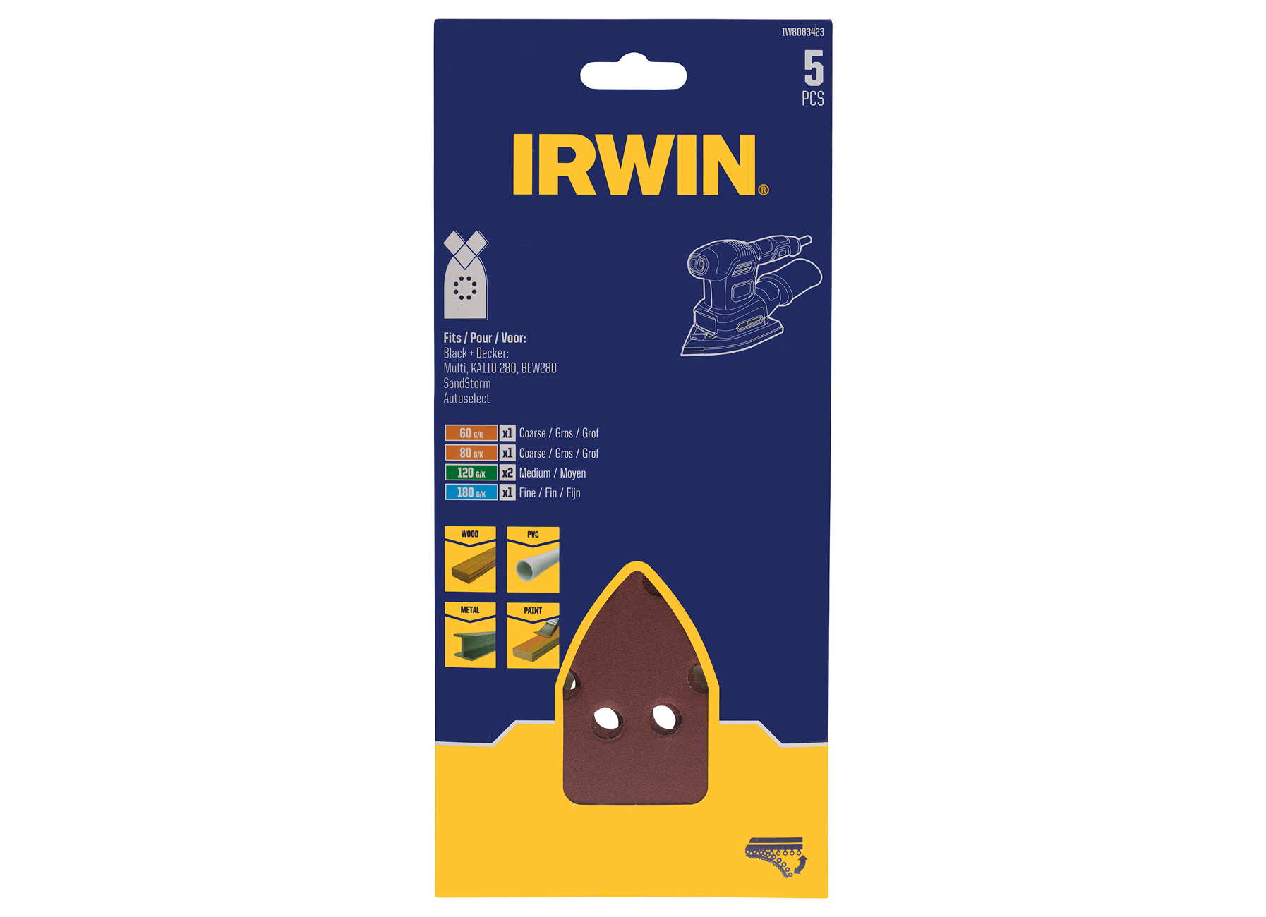 IRWIN SET PAPIERS ABRASIFS MULTI B+D - PAPIER 170X110MM, 1X K60, 1X K80, 2X K120, 1X K180 - 5PCS