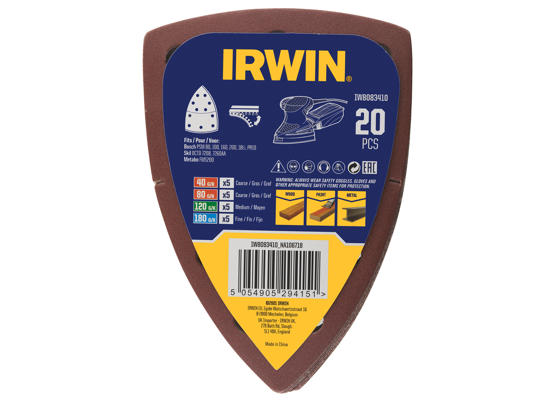 IRWIN SET SCHUURSTROKEN MULTI BOSCH - 5X K40, 5X K80, 5X K120 en 5X K180 - 20 STUKS