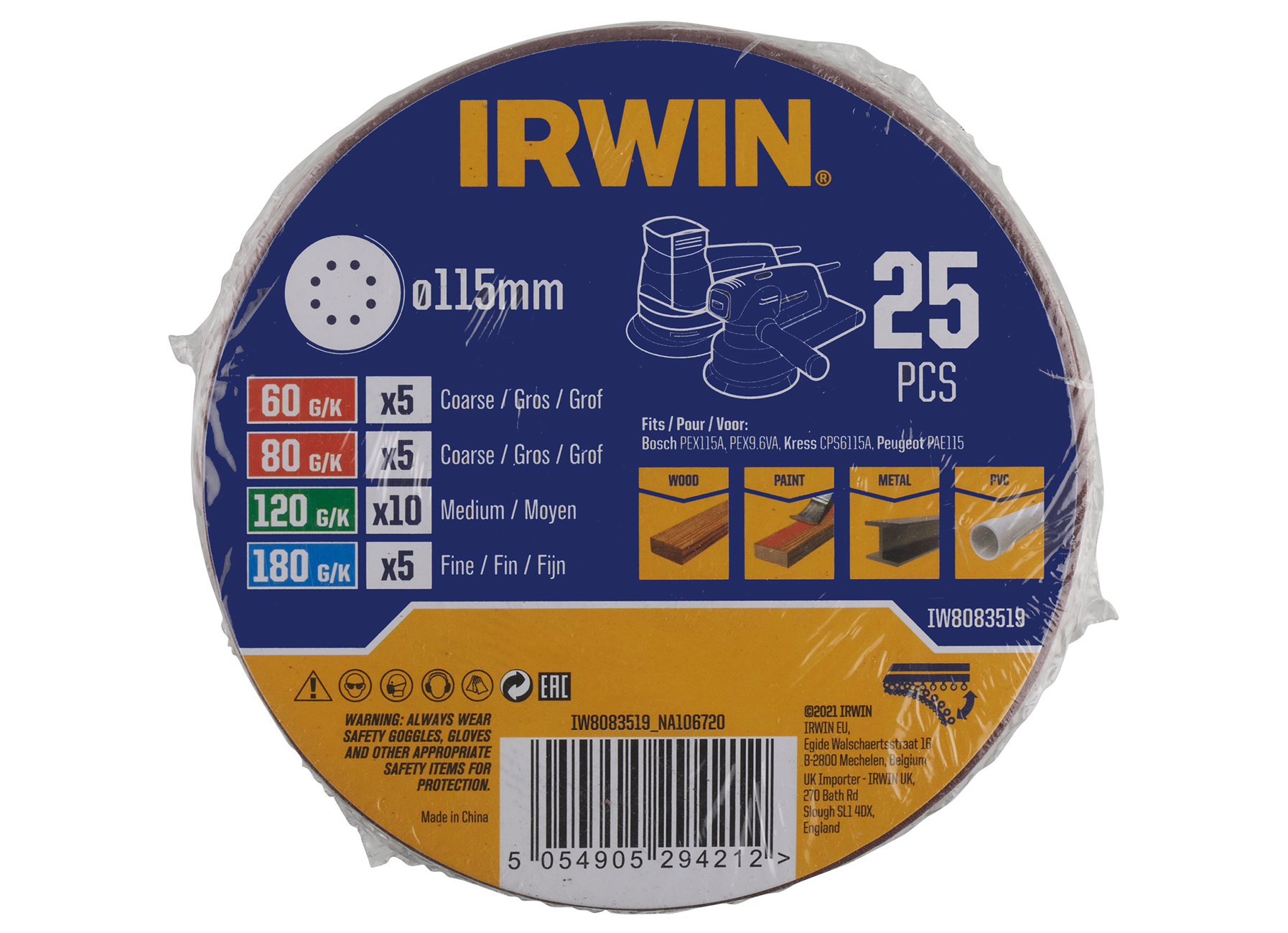 IRWIN SCHUURSCHIJVEN Ø115MM MET KLITTENBAND SET K60, K80, K120 EN K180