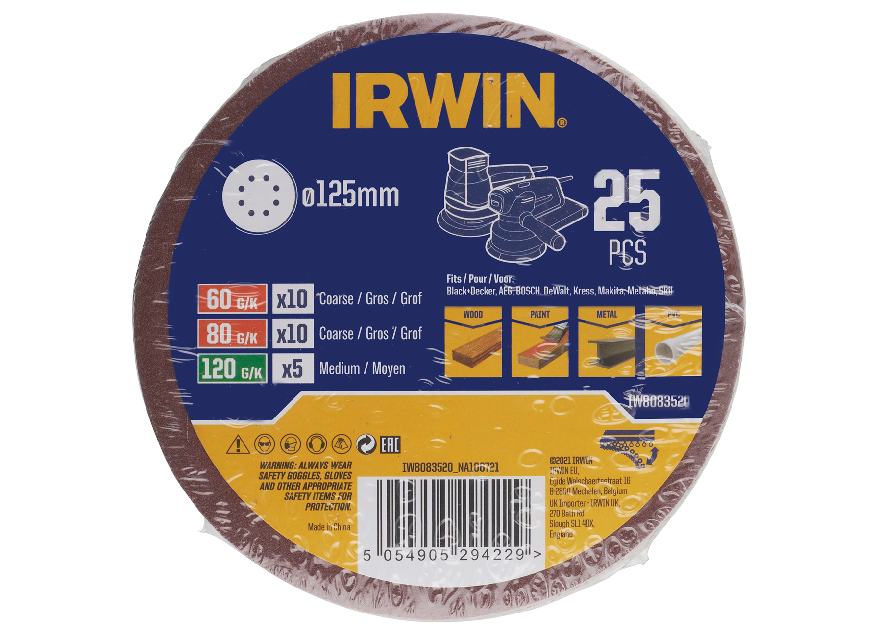 IRWIN DISQUES ABRASIFS Ø125MM VELCRO SET G60, G80 ET G120