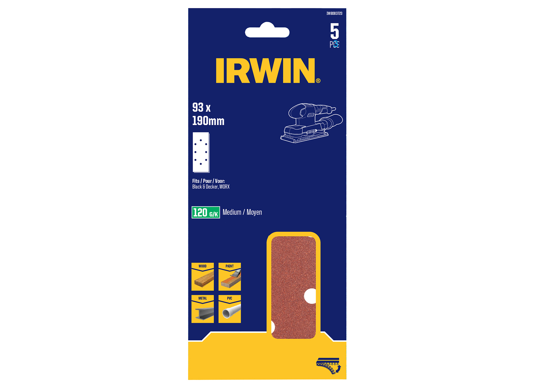 IRWIN PAPIERS ABRASIFS 1/3 VIBRANTE (LES PLUS DE B+D) Ø189X91MM AUTO-ADHESIFS, PAPIER 190X93MM, K120