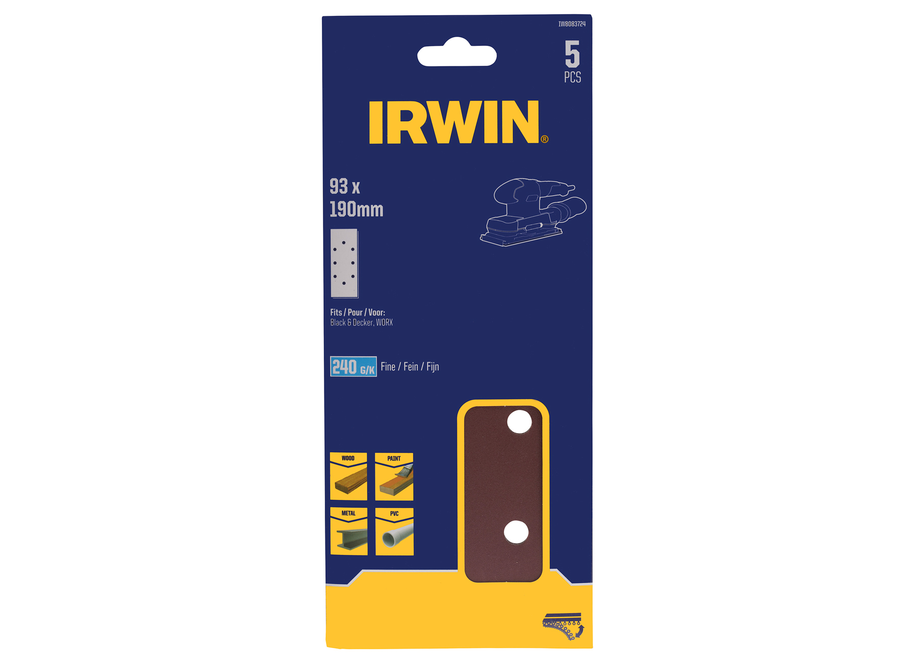 IRWIN PAPIERS ABRASIFS 1/3 VIBRANTE (LES PLUS DE B+D) Ø189X91MM AUTO-ADHESIFS, PAPIER 190X93MM, K240