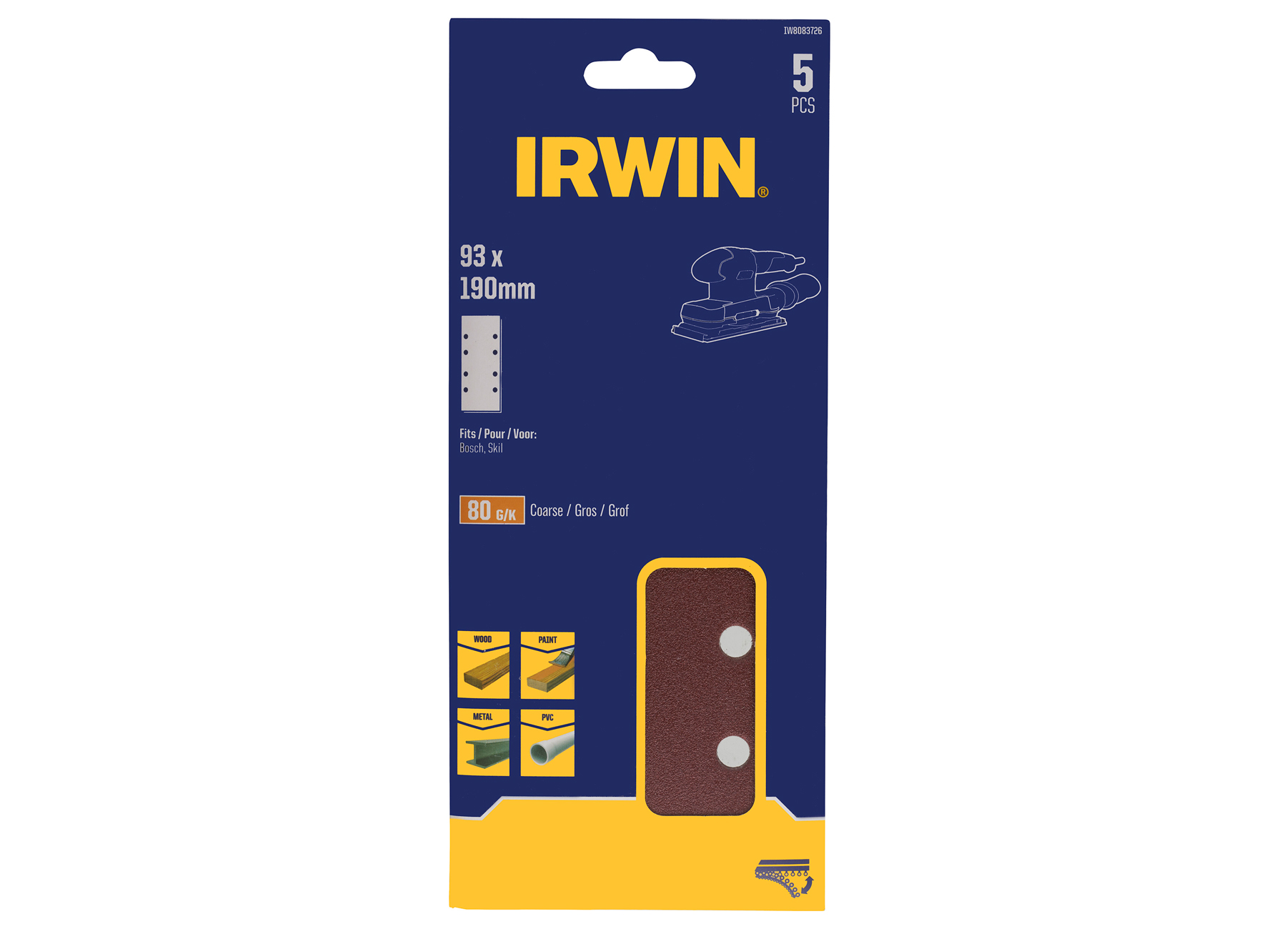 IRWIN PAPIERS ABRASIFS 1/3 VIBRANTE (LES PLUS DE BOSCH) Ø189X91MM AUTO-ADHESIFS, PAPIER 190X93MM, K80