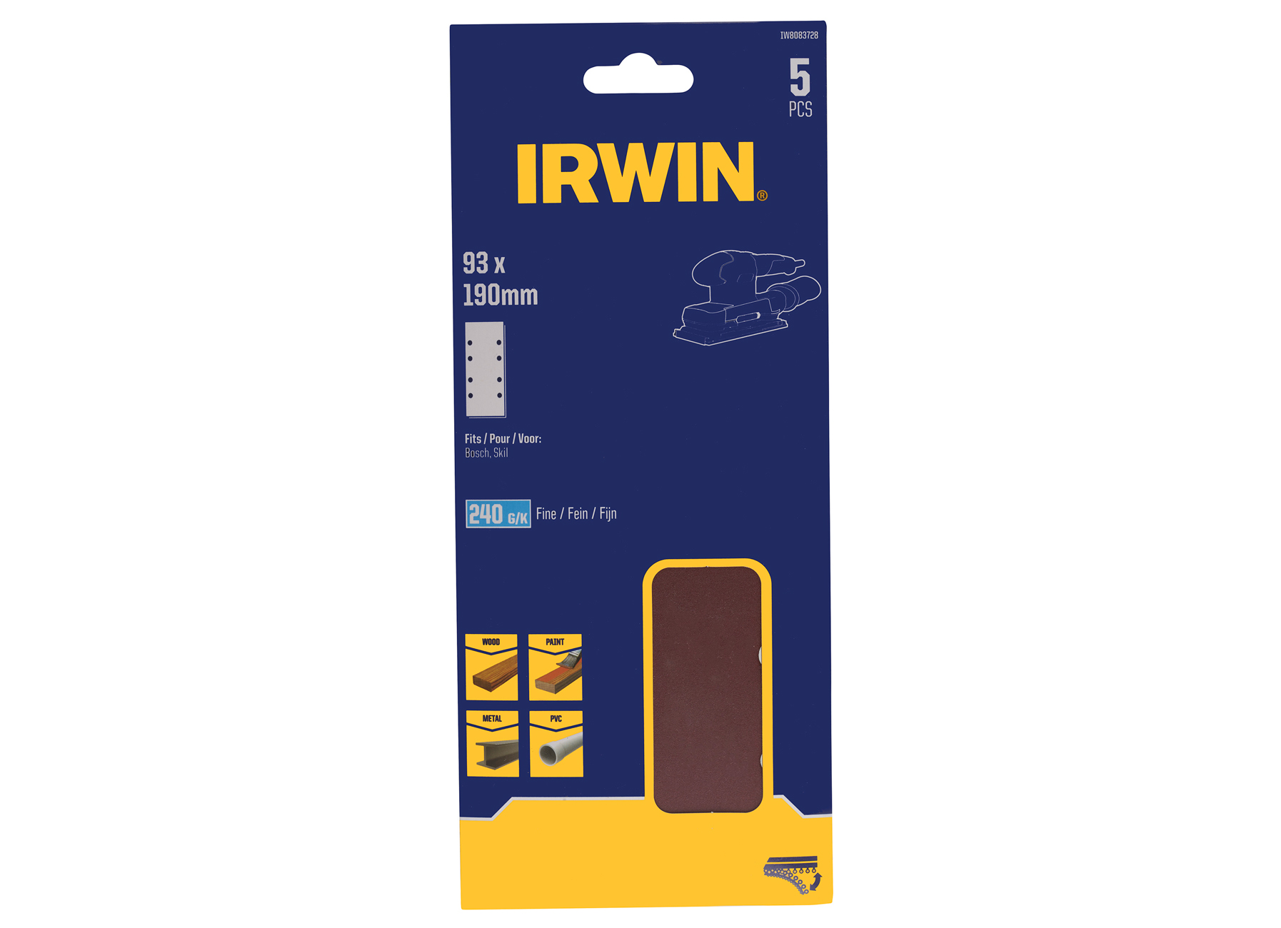 IRWIN PAPIERS ABRASIFS 1/3 VIBRANTE (LES PLUS DE BOSCH) Ø189X91MM AUTO-ADHESIFS, PAPIER 190X93MM, K240