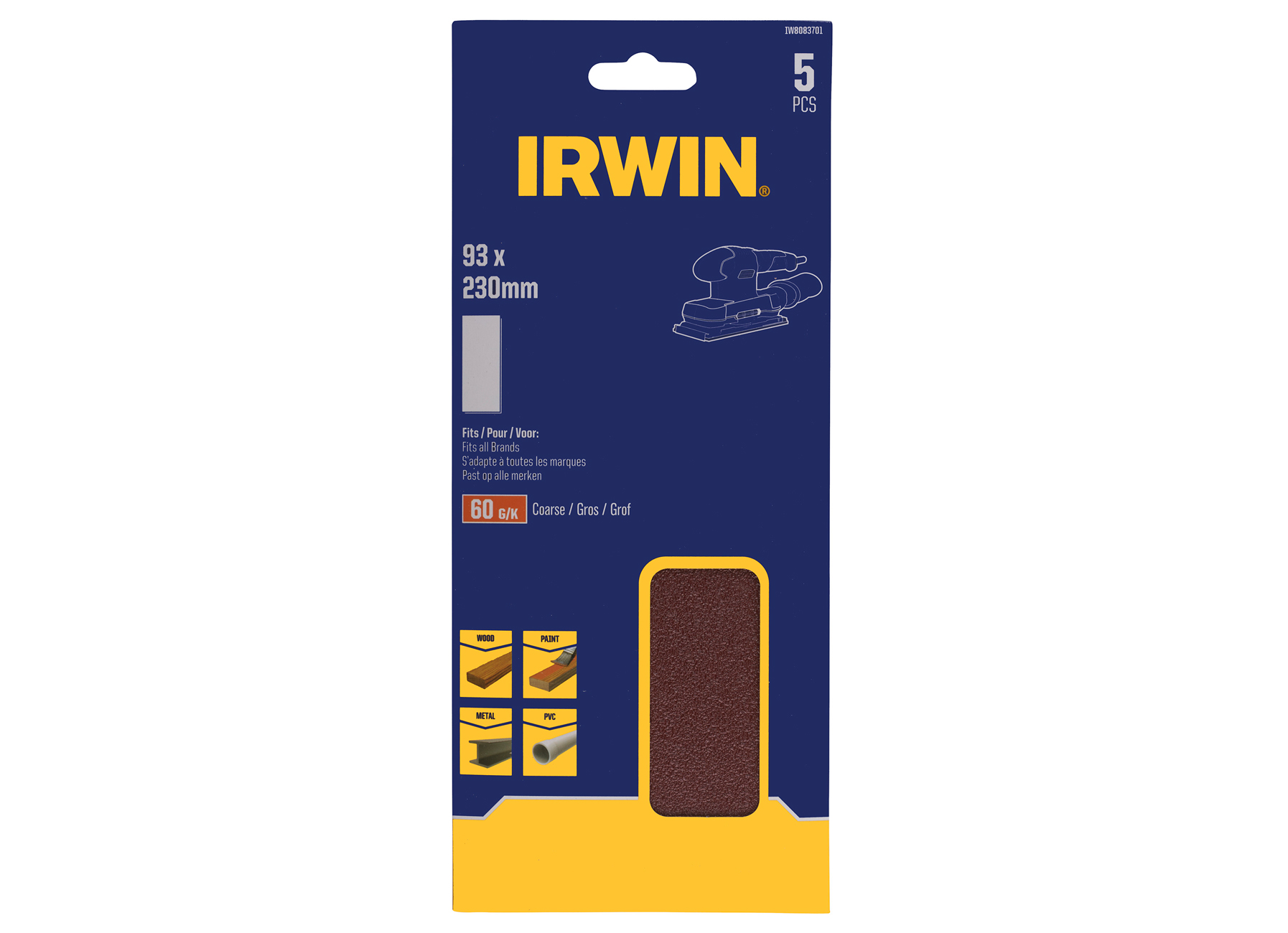 IRWIN PAPIERS ABRASIFS 1/3 VIBRANTE (TOUS TYPES) Ø189X91MM AVEC PINCE, PAPIER 230X93MM, K60