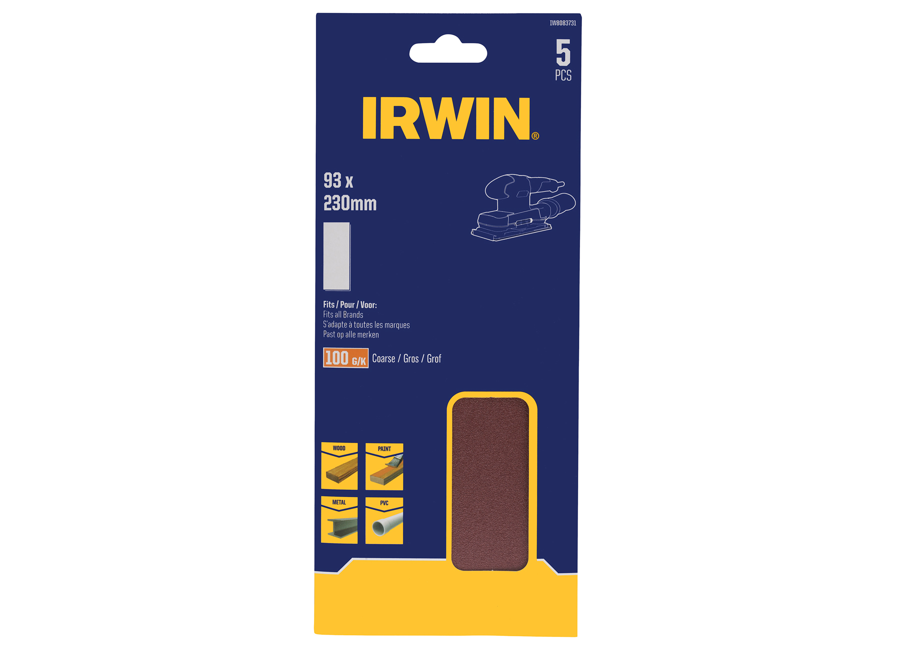 IRWIN PAPIERS ABRASIFS 1/3 VIBRANTE (TOUTES LES MARQUES) Ø189X91MM AVEC PINCE, PAS DE PERFO, PAPIER 230X93MM, K100