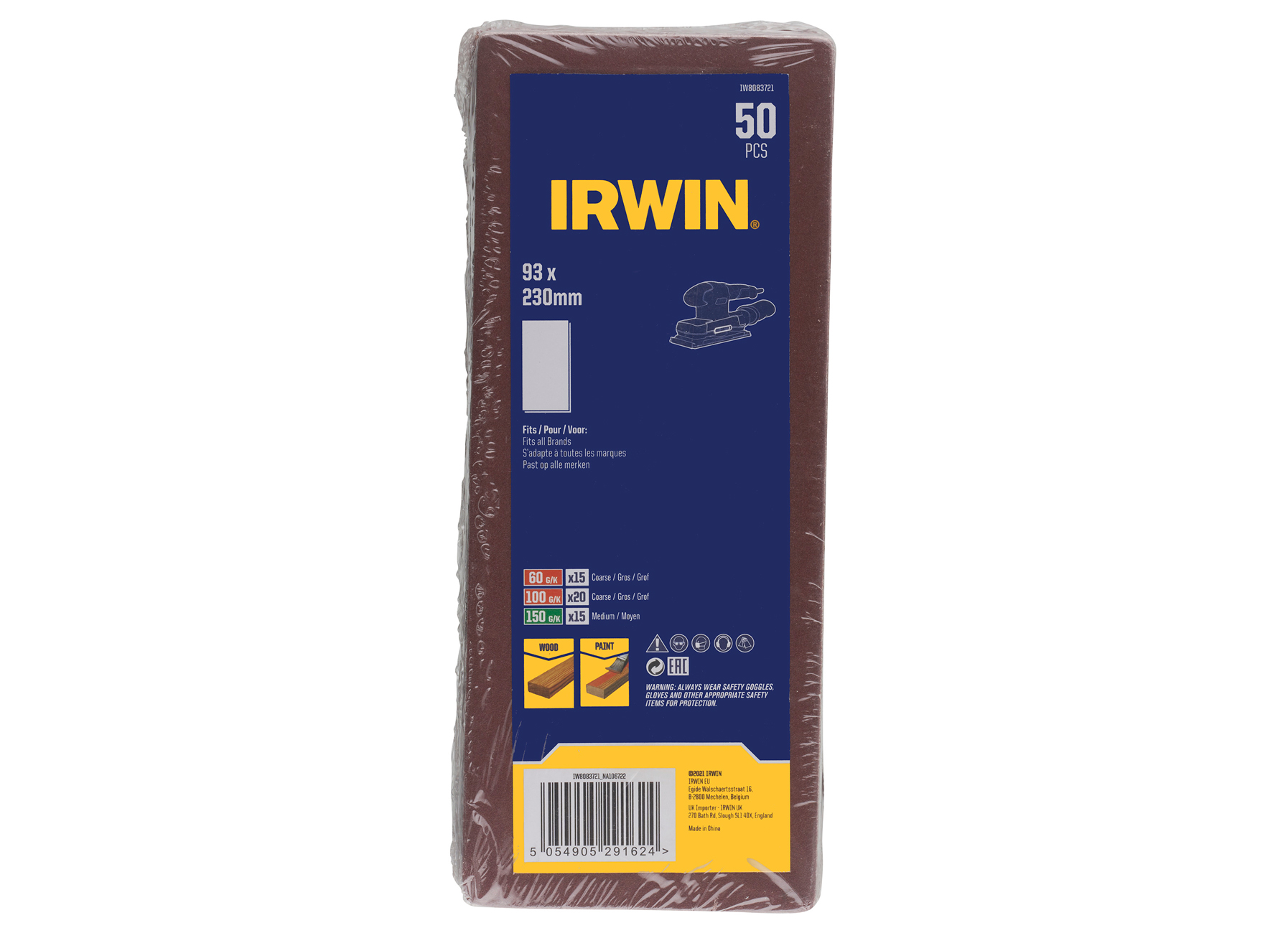 IRWIN PAPIERS ABRASIFS 1/3 VIBRANTE (TOUTES MARQUES) PIED 189X91MM AVEC PINCE, PAS DE PERFO, PAPIER 230X93MM, 15X K60, 15X K100, 20X K150