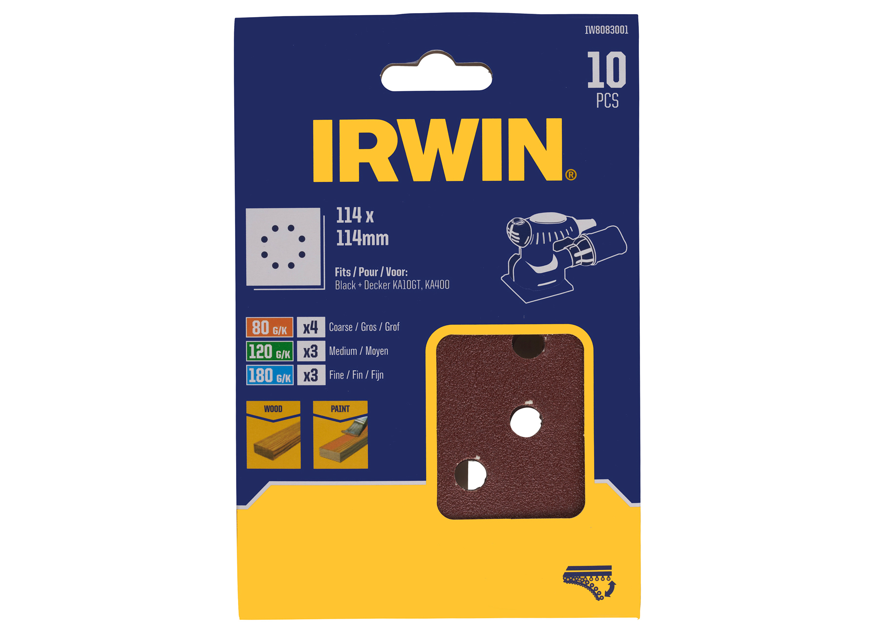 IRWIN SET PAPIERS ABRASIFS 1/4 VIBRANTE AUTO-ADHESIFS 114X114MM 10PCS