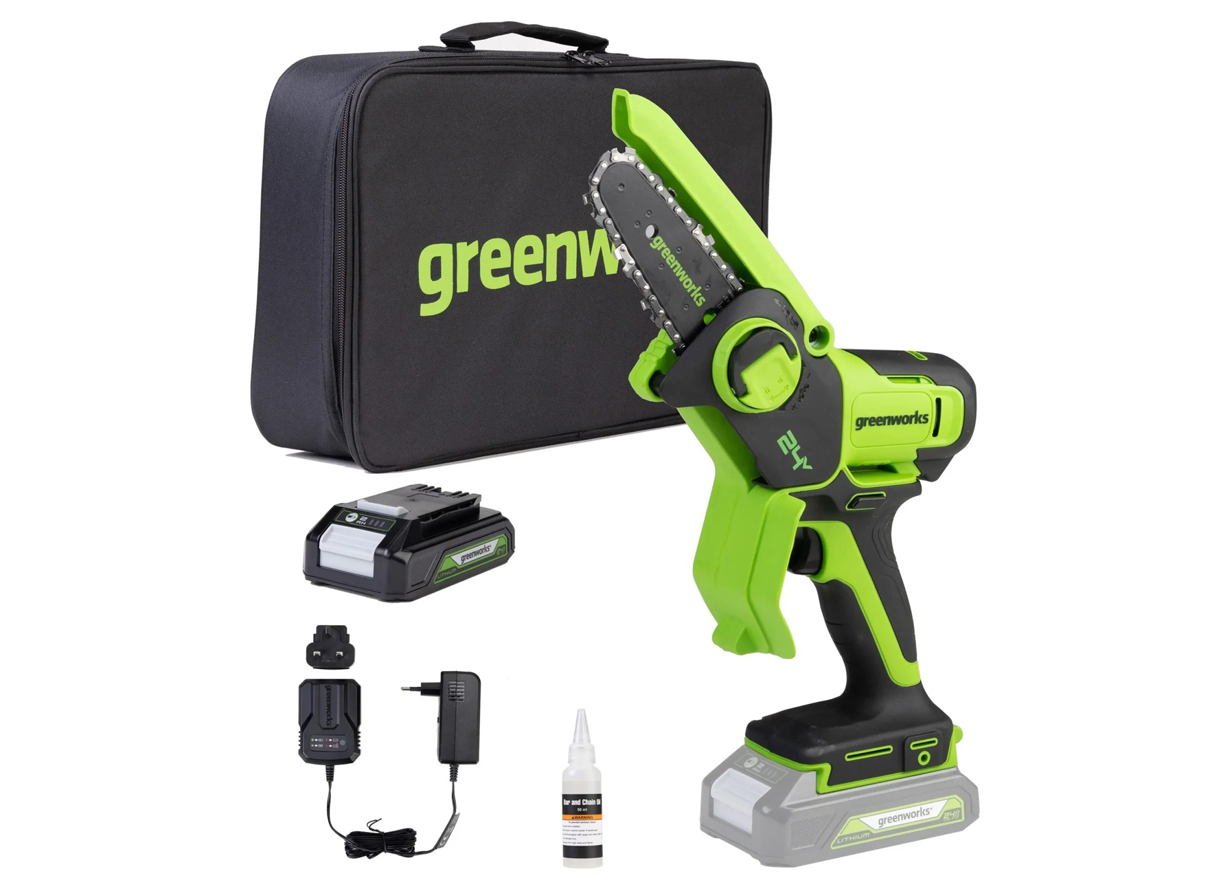 GREENWORKS MINI KETTINGZAAG 24V 10CM 2,0AH + ACCU 2,0AH + LADER