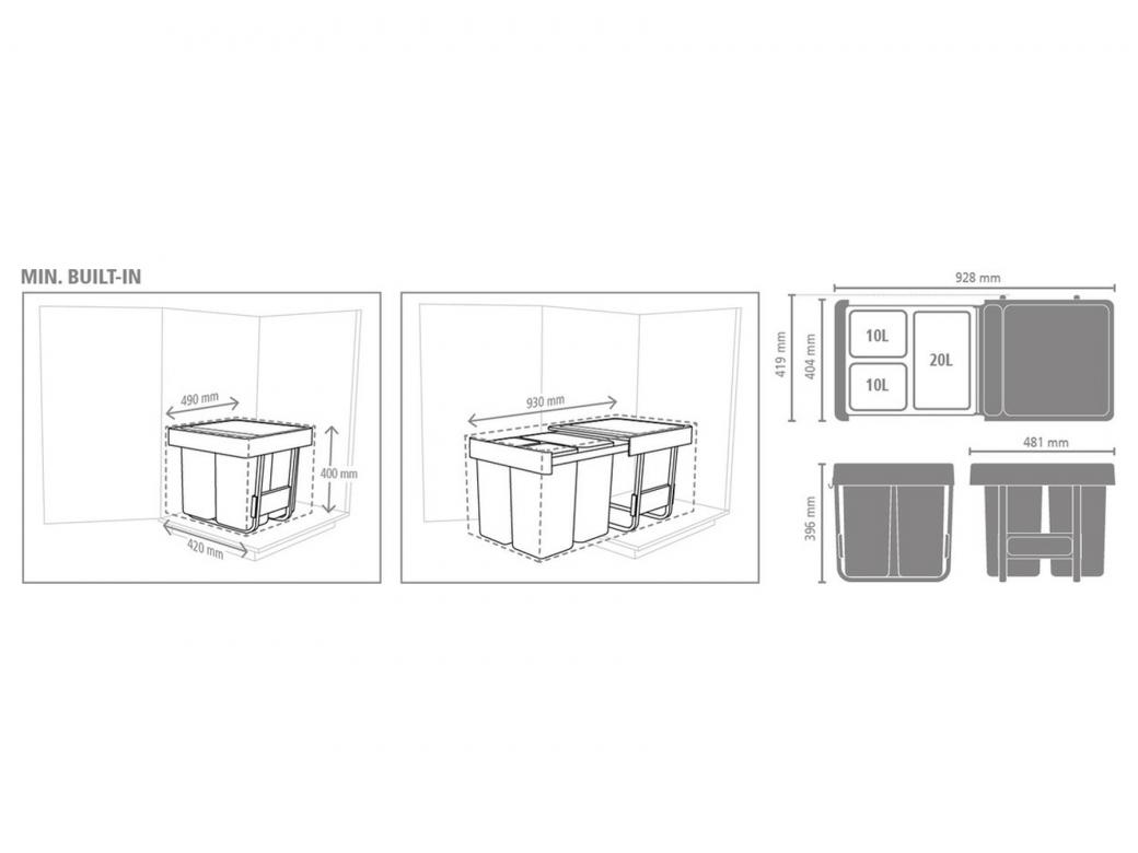 BRABANTIA POUBELLE ENCASTRABLE SORT & GO 10+10+20L GRIS - VERT