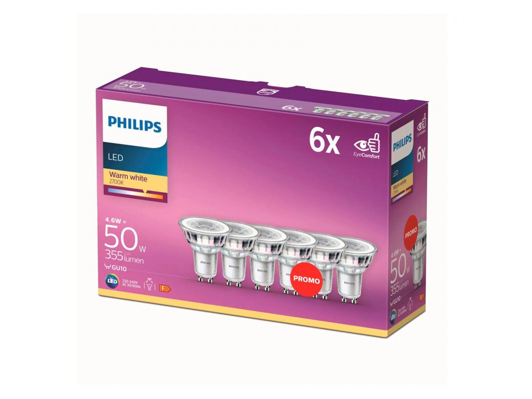 PHILIPS LED CLASSIC 4,6W GU10 BLANC CHAUD 36° NON-DIMMABLE - 6 PIECES