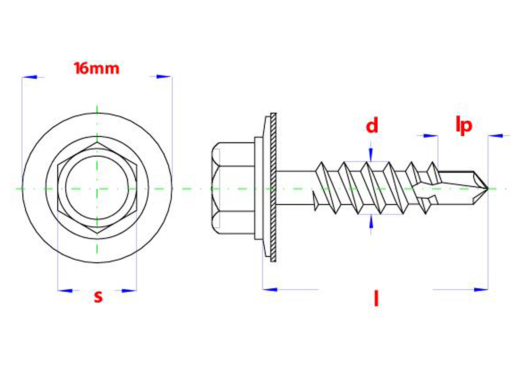 ZELFBORENDE SCHROEF MET NEOPREEN RING 16MM