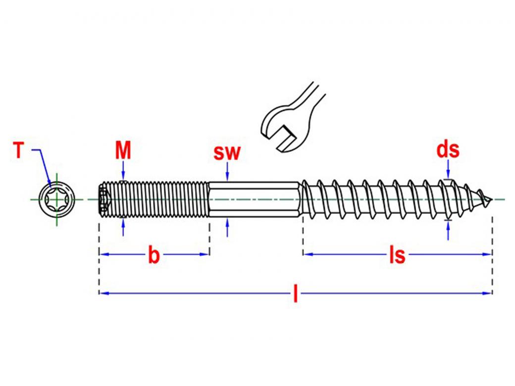 GOUJON A DEUX FILETS ZINGUE EMPREINTE T + CLE HEXAGONALE - BOITE EN CARTON